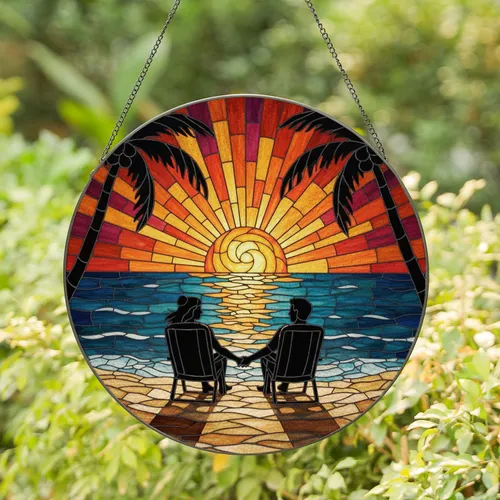 Couple Holding Hands Beach Sunset Ocean Palm Trees - Home Decor Gift for Lovers Stained Glass Suncatcher