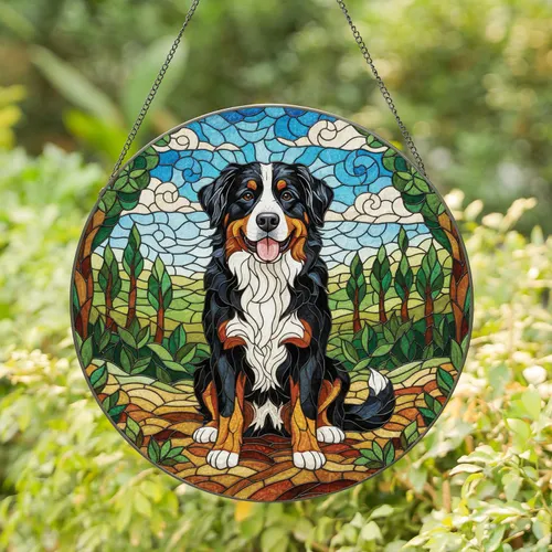 Happy Bernese Mountain Dog Full Body - Wildlife Lover Home Decor Gift for Dog Owners Stained Glass Suncatcher