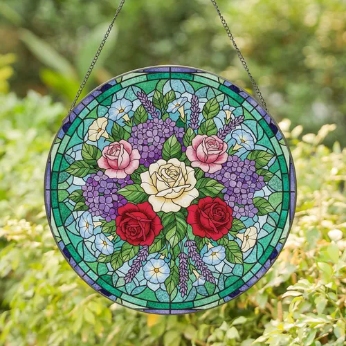 Cream Rose Hydrangea Lavender Floral Mosaic - Home Decor Gift Stained Glass Suncatcher
