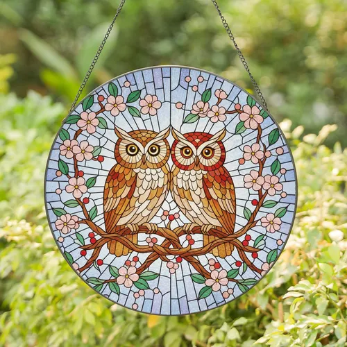 Tiffany Stained Glass Owls Blossom Branch Mosaic - Wildlife Lover Home Decor Display Gift Stained Glass Suncatcher