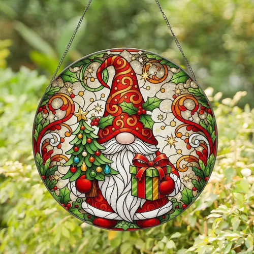 Festive Christmas Gnome Holding Tree Gift Holly Berries - Holiday Home Decor Stained Glass Suncatcher