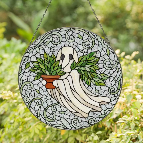Friendly Ghost Green Leaves Terracotta Pot - Home Decor Gift for Ghost Lover Stained Glass Suncatcher