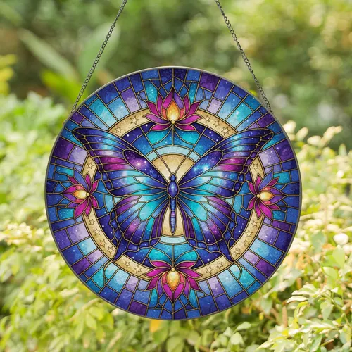 Majestic Butterfly Cosmic Nebula Lotus Flower Mosaic Home Decor Gift for Butterfly Lover Stained Glass Suncatcher