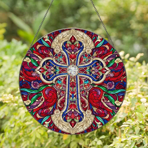 Ornate Christian Cross Floral Mosaic Jewel - Home Decor Faith Gift Stained Glass Suncatcher
