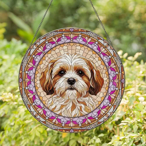 Fluffy Shih Tzu Dog Floral Geometric - Home Decor Gift for Dog Lovers Stained Glass Suncatcher