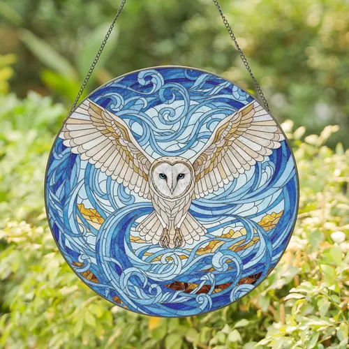 Barn Owl Flight Mosaic Sky Autumn - Wildlife Lover Home Decor Gift Stained Glass Suncatcher