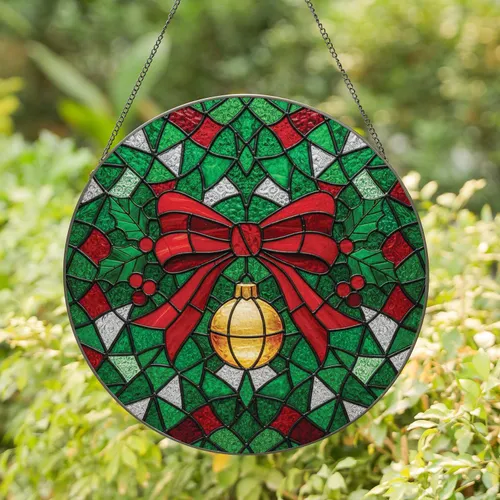 Christmas Bow Golden Ornament Holly Berries - Festive Holiday Home Decor Gift Stained Glass Suncatcher