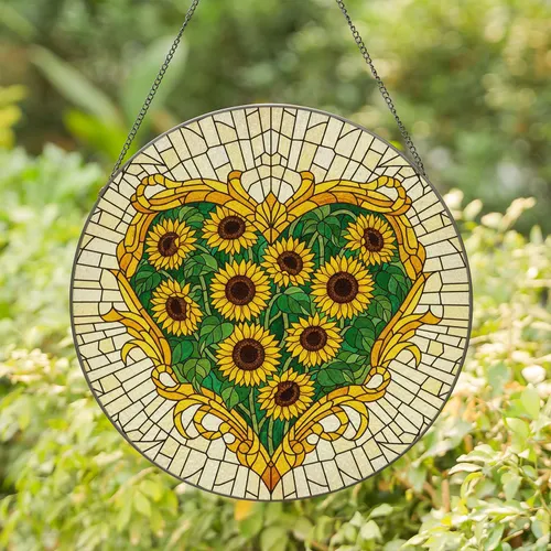 Heart-Shaped Sunflowers Leaves Irregular Glass Mosaic - Window Decor Gift Stained Glass Suncatcher