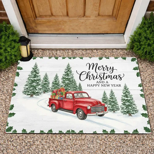 Merry Christmas Vintage Red Truck Snow Scene Christmas New Year Holiday Gift Doormat