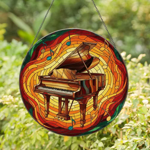 Grand Piano Musical Notes Swirling Sound Waves Geometric Mosaic - Home Decor Gift Stained Glass Suncatcher