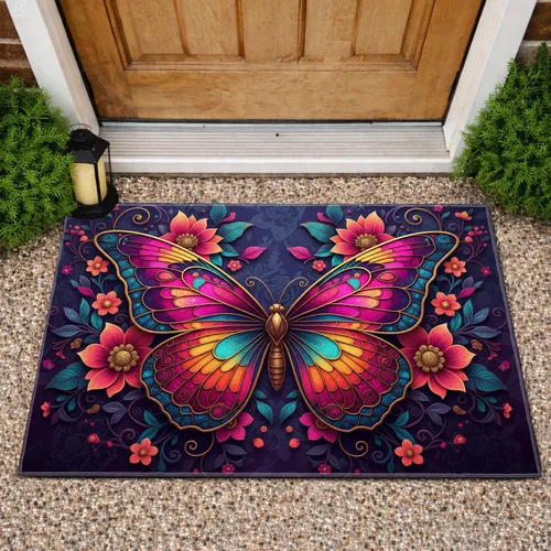 Stained Glass Butterfly Floral Vine Home Decor Gift for Butterfly Lover Doormat