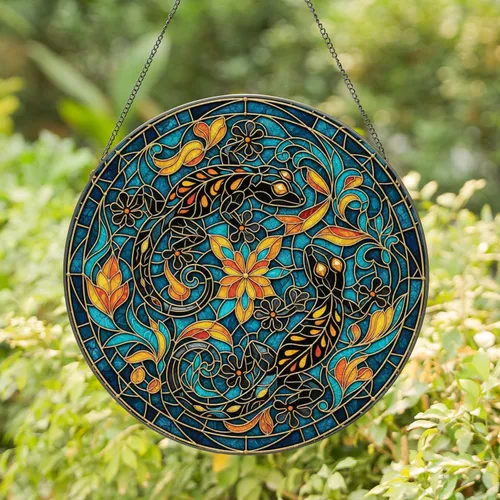 Vivid Geckos Cracked Mosaic Floral - Home Decor Gift for Wildlife Lover Stained Glass Suncatcher