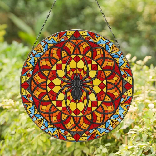 Black Spider Gothic Window Arch Floral Mosaic - Home Decor Gift for Spider Lover Stained Glass Suncatcher