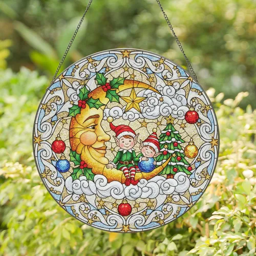 Smiling Crescent Moon Christmas Elves Holly Tree Snow - Festive Holiday Decor Gift Stained Glass Suncatcher