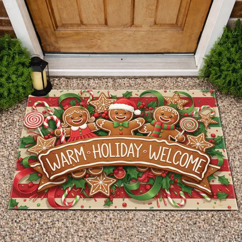 Gingerbread Characters Warm Holiday Welcome Banner Candy Canes Christmas Home Decor Doormat