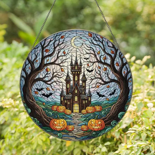 Haunted Castle Jack-o-Lanterns Gnarled Trees Bats Autumn Leaves - Halloween Decor Stained Glass Suncatcher