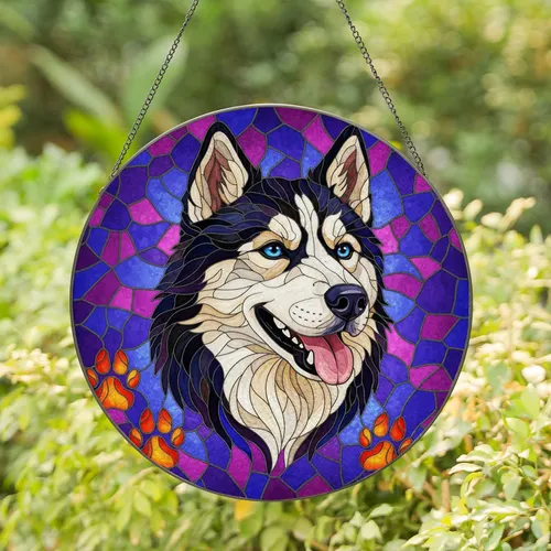Husky Dog Head Paw Prints Home Decor Gift - Dog Lover Pet Owner Stained Glass Suncatcher