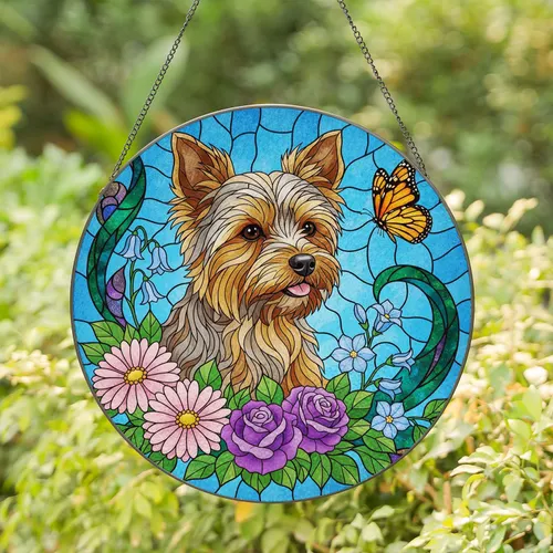 Yorkshire Terrier Dog Monarch Butterfly Flowers - Dog Lover Home Decor Gift Stained Glass Suncatcher