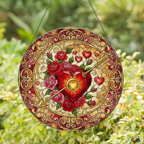 Crescent Moon Roses Heart Wedding Ring - Wedding Anniversary Gift for Couples Stained Glass Suncatcher