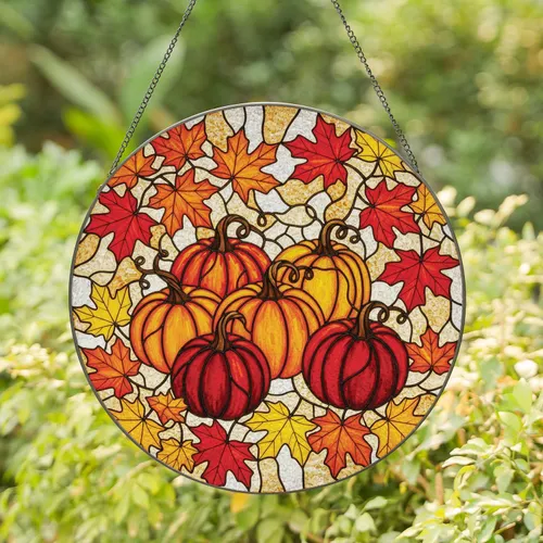 Plump Orange Red Pumpkins Maple Leaves Cluster - Fall Season Gift Stained Glass Suncatcher