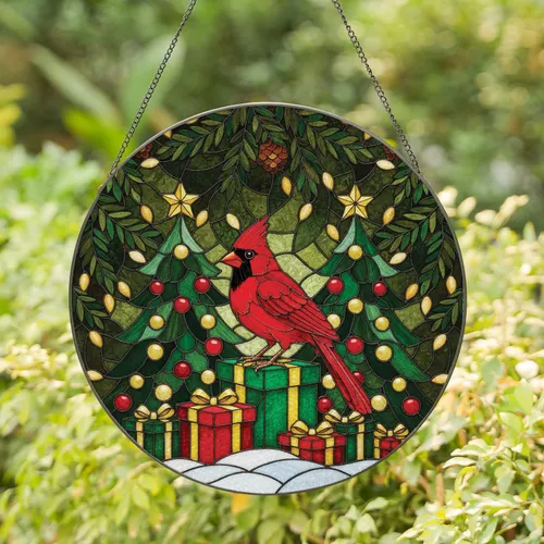 Red Cardinal Christmas Trees Gift Boxes - Festive Christmas Holiday Decor Gift Stained Glass Suncatcher