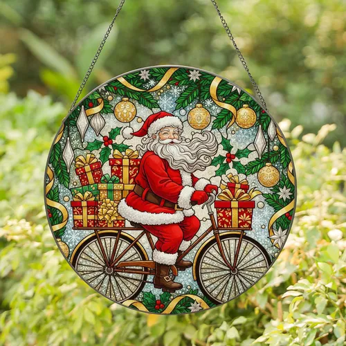 Cheerful Santa Claus Bicycle Gifts Holly Poinsettia Snowflakes - Christmas Holiday Home Decor Gift Stained Glass Suncatcher