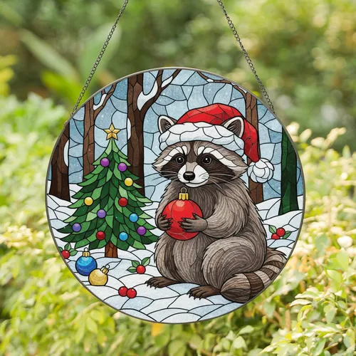 Raccoon Santa Hat Christmas Ornament - Winter Forest Home Decor Gift Stained Glass Suncatcher