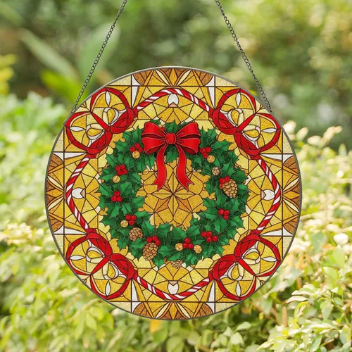 Christmas Wreath Holly Berries Pinecone Bells Candy Cane Red Bow Red Ribbons - Holiday Home Decor Gift Stained Glass Suncatcher