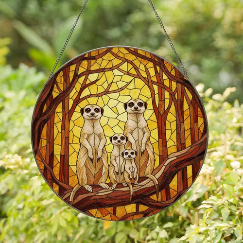 Meerkat Family Tree Branch Woodland - Wildlife Lover Home Decor Gift Stained Glass Suncatcher