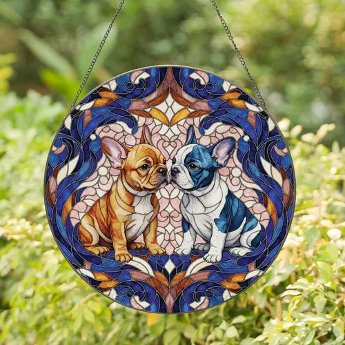 French Bulldog Puppies Touching Noses - Home Decor Gift for Dog Lovers Stained Glass Suncatcher