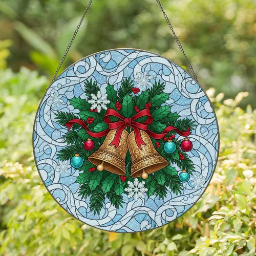 Golden Christmas Bells Holly Berry Snowflakes - Festive Holiday Window Decor Stained Glass Suncatcher