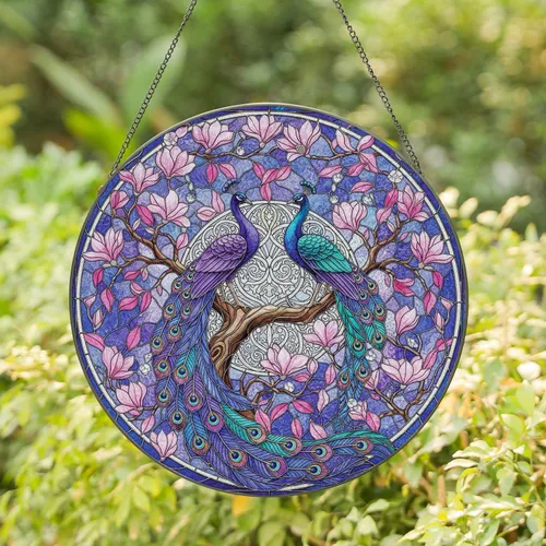 Elegant Peacocks Magnolia Floral Ornament - Home Decor Gift for Peacock Lovers Stained Glass Suncatcher