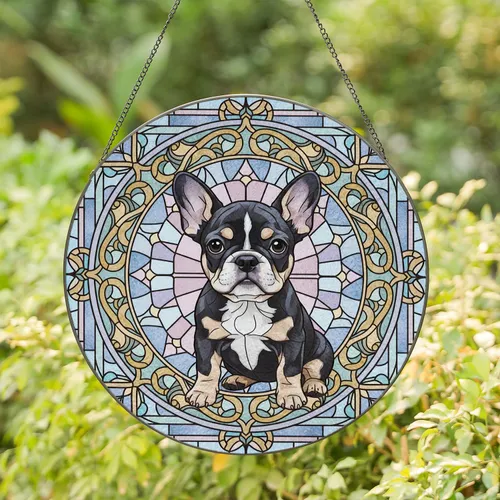Black Brindle French Bulldog Puppy Ornate Floral Leaf - Home Decor Gift Dog Lover Gift Stained Glass Suncatcher