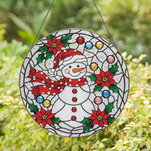Snowman Holly Poinsettia Sparkling Ornaments Christmas Home Decor Gift Stained Glass Suncatcher