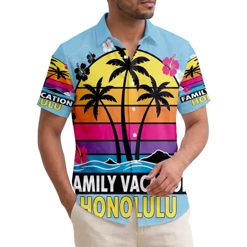 Family Vacation Honolulu Palm Tree Sunset - Travel Gift for Family Trip Hawaiian Shirt
