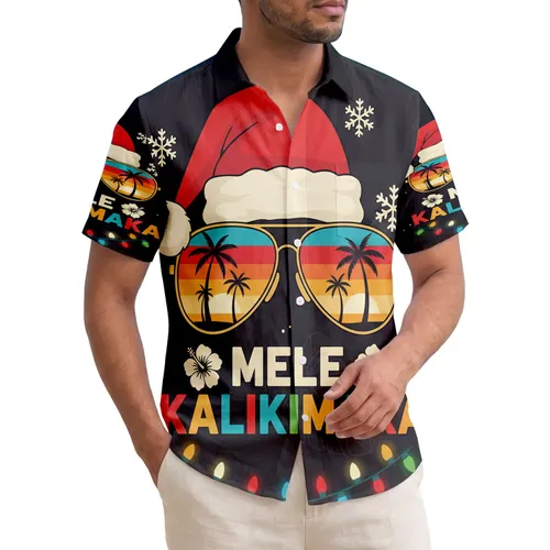 Mele Kalikimaka Sunset Sunglasses Santa Hat Christmas - Tropical Holiday Gift Hawaiian Shirt