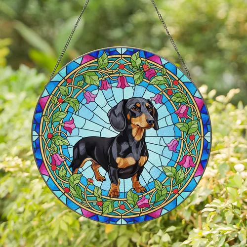 Black and Tan Dachshund Filigree Bell-Shaped Flowers - Dog Lover Home Window Decor Gift Stained Glass Suncatcher
