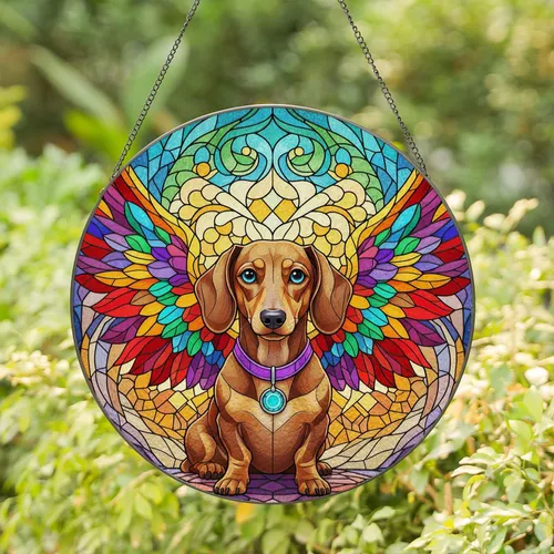 Tan Dachshund Blue Eyes Iridescent Wings Stained Glass - Home Decor Gift for Dog Lover Stained Glass Suncatcher