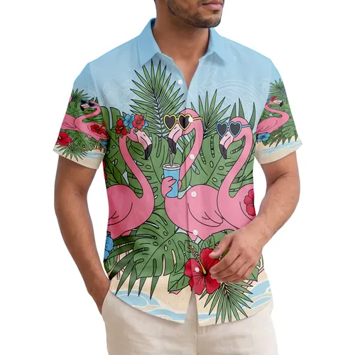 Pink Flamingos Hibiscus Palm Leaves Beach Ocean - Tropical Lover Gift Hawaiian Shirt