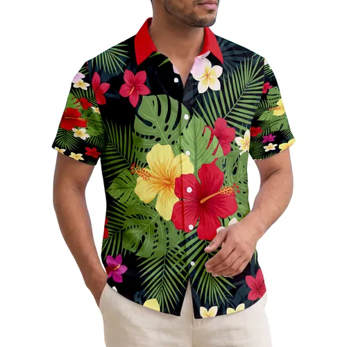 Black Tropical Monstera Palm Fern Hibiscus Plumeria Blooms - Travel Essentials Gift Hawaiian Shirt