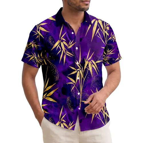 Golden Bamboo Leaves Stalks Royal Purple Smoke Marbling Golden Speckles - Home Decor Gift Hawaiian Shirt