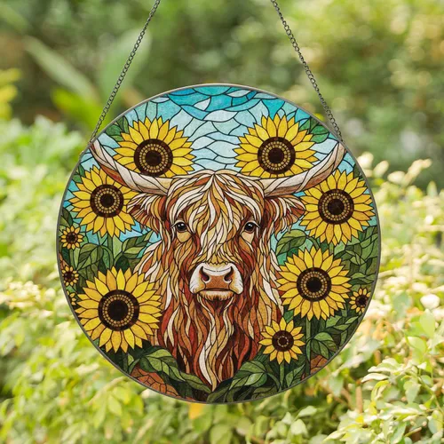 Highland Cow Sunflowers Farmhouse Decor Gift for Cow Lover Stained Glass Suncatcher