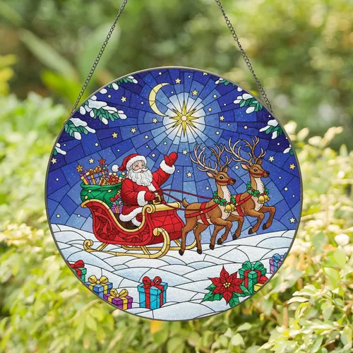 Santa Claus Reindeer Sleigh Gifts Pine Trees Stars Moon - Winter Holiday Home Decor Gift Stained Glass Suncatcher
