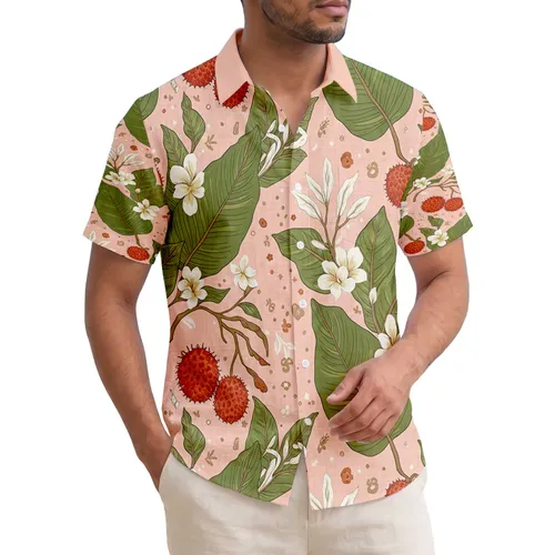 Red Spiky Fruit Tropical Leaves White Flowers - Island Home Decor Gift Hawaiian Shirt