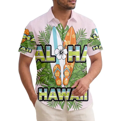 ALOHA HAWAII Text Surfboards Flip Flops Hibiscus Foliage - Tropical Lifestyle Gift Hawaiian Shirt