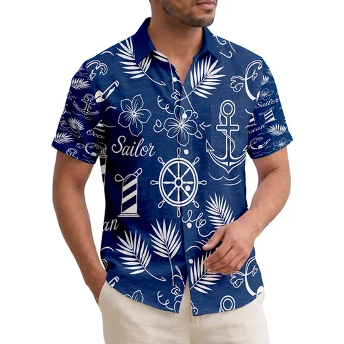 Nautical Anchors Helms Lighthouses Tropical Plumeria Leaves - Ocean Sailor Lifestyle Gift Hawaiian Shirt