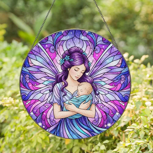 Mother Fairy Infant Starry Wings Nebulae - Mother's Day Home Decor Gift for Mom Stained Glass Suncatcher
