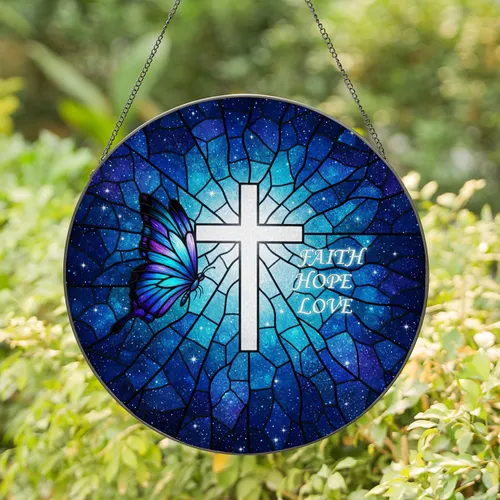Cross Butterfly Faith Hope Love Cosmic Nebula Swirling Stars - Inspirational Home Decor Gift Stained Glass Suncatcher