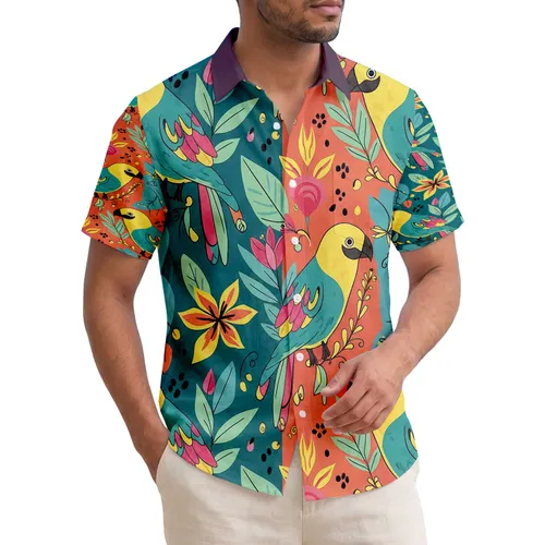 Tropical Birds Yellow Heads Teal Bodies Leaves Floral Buds Organic Swirls - Wildlife Lover Gift Hawaiian Shirt