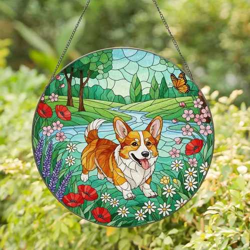Pembroke Welsh Corgi Lavender Poppy Daisy Butterfly - Home Decor Gift for Dog Lovers Stained Glass Suncatcher